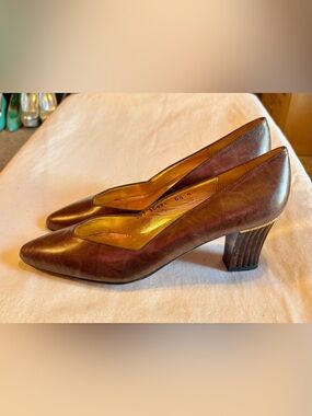 Timothy Hitsman Brown Leather Sculpted Block Heel Pumps